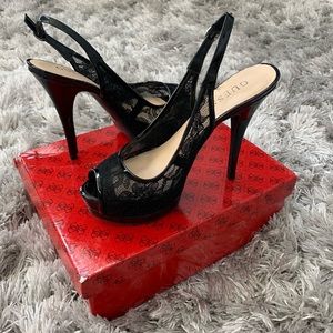Guess Black Lace & Patent Leather Slingbacks